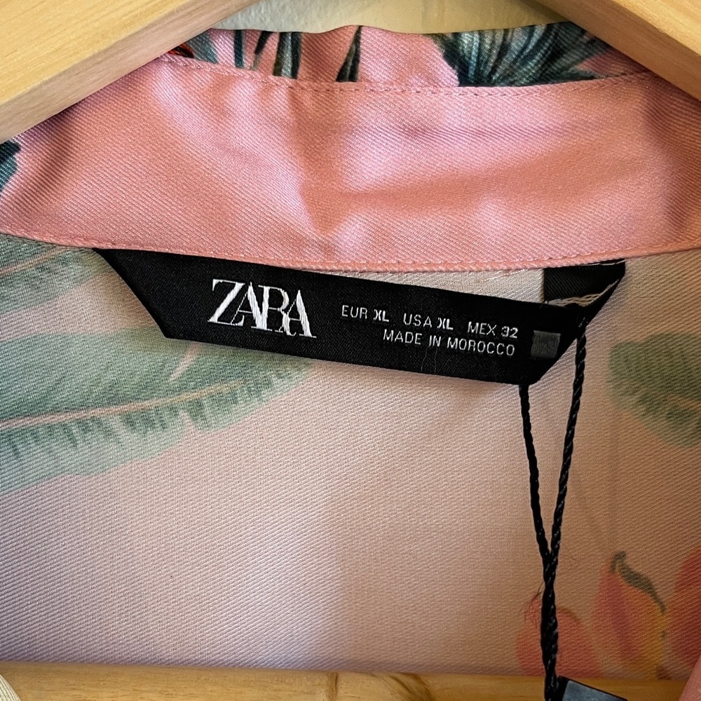 NWT Zara Pink and Green Tropical Resort wear Beach  Floral Shirt Dress Sz XL - Picture 8 of 16